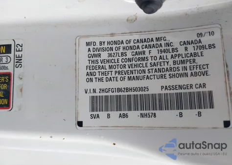 2011 Honda Civic Lx from USA, damaged, VIN 2HGFG1B62BH503025